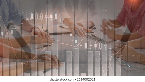 Image of statistics and financial data processing over business people stacking hands in meeting. global business, connections and data processing concept digitally generated image.