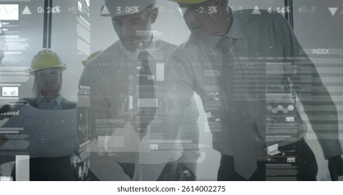 Image of statistics and financial data processing over architects with plans in meeting. architecture, business and data processing concept digitally generated image.