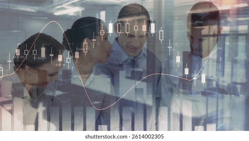 Image of statistics and financial data processing over architects with plans in meeting. global architecture, business and data processing concept digitally generated image.