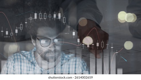 Image of statistics and financial data processing over architect with plans in meeting. global architecture, business and data processing concept digitally generated image.