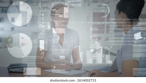 Image of statistics and financial data processing over businesswoman in meeting. global business, connections and data processing concept digitally generated image.