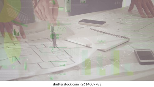 Image of statistics and financial data processing over architects with plans in meeting. global architecture, business and data processing concept digitally generated image.