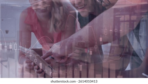 Image of statistics and financial data processing over business people using tablet in meeting. global business, data processing and digital interface concept digitally generated image.