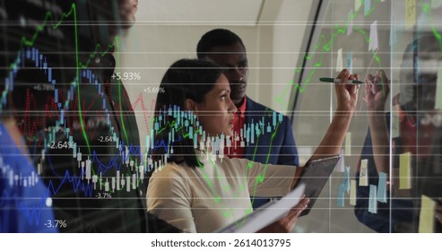 Image of statistics and financial data processing over business people in office. business, finances and data processing concept digitally generated image.