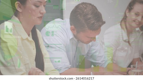 Image of statistics and financial data processing over business people in meeting. global business, connections and data processing concept digitally generated image.