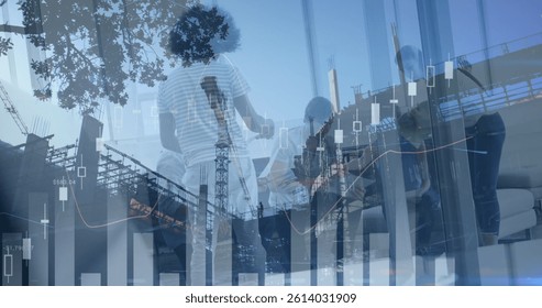 Image of statistics and financial data processing over diverse business people in office. business, finance and data processing concept digitally generated image.
