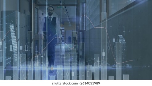 Image of statistics and financial data processing over caucasian businessman in office. business, finance and data processing concept digitally generated image. - Powered by Shutterstock - Get 15% off with code: PIKWIZARD15