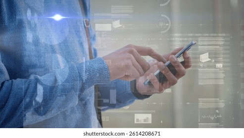 Image of statistics and financial data processing over caucasian businessman using smartphone. global business, connections and data processing concept digitally generated image. - Powered by Shutterstock - Get 15% off with code: PIKWIZARD15