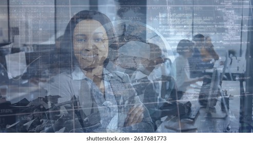 Image of statistics and financial data processing over diverse business people. global data processing, business, finance and economy concept digitally generated image.