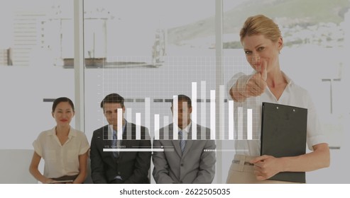 Image of statistics and financial data processing over diverse business people. Global business, bosses day and data processing concept digitally generated image.