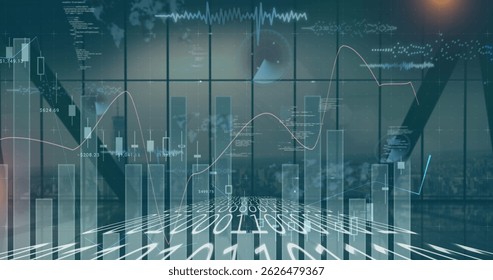 Image of statistics and financial data processing over city. global business, finance, computing and data processing concept digitally generated image.