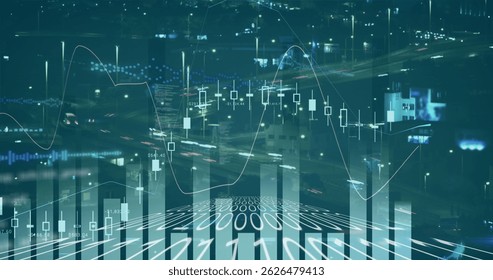 Image of statistics and financial data processing over city. global business, finance, computing and data processing concept digitally generated image.