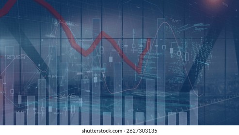 Image of statistics and financial data processing over architects plans and compass. Global business connections digital interface and technology concept digitally generated image.