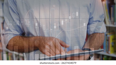 Image of statistics and financial data processing over delivery man. global business data processing and networking concept digitally generated image.