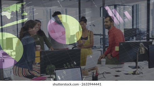 Image of statistics and financial data processing over business people in meeting. Global business success and connections concept digitally generated image.