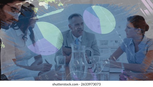 Image of statistics and financial data processing over diverse business people using statistics. Global business success connections and digital interface concept digitally generated image.
