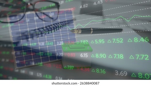 Image of statistics and financial data processing over notebook on desk in office. Global business, connections, networks and data processing concept digitally generated image.