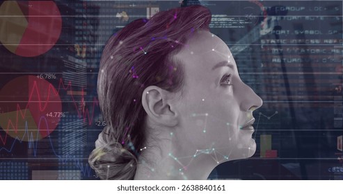 Image of statistics and financial data processing over caucasian woman. Global business, connections, networks and data processing concept digitally generated image.