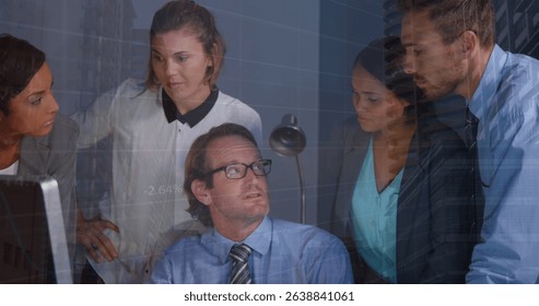 Image of statistics and financial data processing over diverse business people. Global business, finance, computing, digital interface and data processing concept digitally generated image.