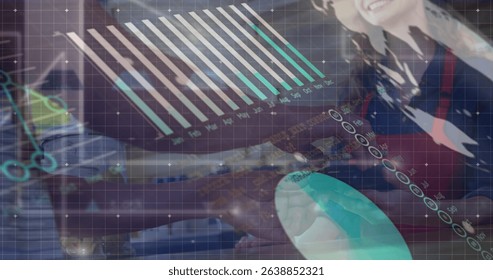 Image of statistics and financial data processing over caucasian man paying with smartphone. Global business, connections, networks and data processing concept digitally generated image.