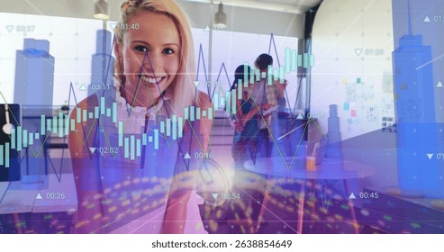 Image of statistics and financial data processing over caucasian businesswoman in office. Global business, data processing and digital interface concept digitally generated image.