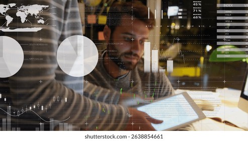 Image of statistics and financial data processing over caucasian businessman in office. Global business, data processing and digital interface concept digitally generated image.