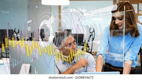 Image of statistics and financial data processing over diverse business people in office. Global business, data processing and digital interface concept digitally generated image.