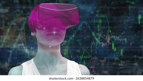 Image of statistics and financial data processing over caucasian woman wearing vr headset. Global business, connections, networks and data processing concept digitally generated image.