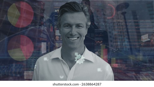 Image of statistics and financial data processing over caucasian man. Global business, connections, networks and data processing concept digitally generated image.