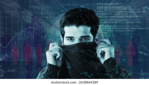 Image of statistics and financial data processing over caucasian man. Global business, connections, networks and data processing concept digitally generated image.