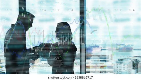 Image of statistics and financial data processing over diverse business people in office. Global business, data processing and digital interface concept digitally generated image.