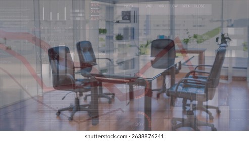 Image of statistics and financial data processing over table in office. Global business, connections, networks and data processing concept digitally generated image.