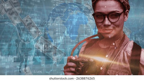 Image of statistics and financial data processing over caucasian woman. Global business, connections, networks and data processing concept digitally generated image.