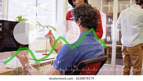 Image of statistics and financial data processing over caucasian businessman in office. Global business, data processing and digital interface concept digitally generated image.