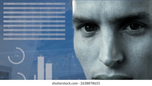Image of statistics and financial data processing over caucasian man. Global business, connections, networks and data processing concept digitally generated image.