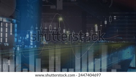 Image of statistics and financial data processing over cityscape. global business, finances, data processing and digital interface concept digitally generated image.