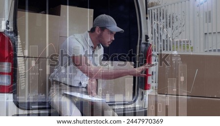 Image of statistics and financial data processing over delivery man and van. global shipping, delivery, business, data processing and technology concept digitally generated image.