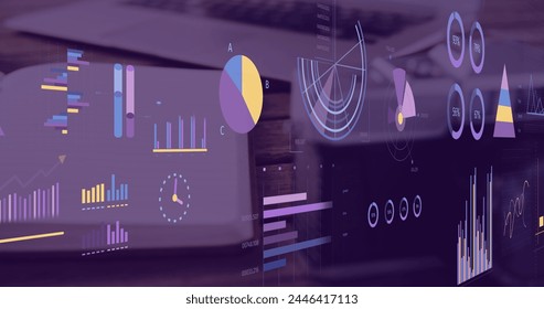 Image of statistics, graphs and financial data processing over computer with blank screen. Global business, finances, computing and data processing concept digitally generated image.