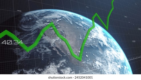 Image of statistics with green line and data processing over earth globe on blue background. Global business, environment and data processing concept digitally generated image.