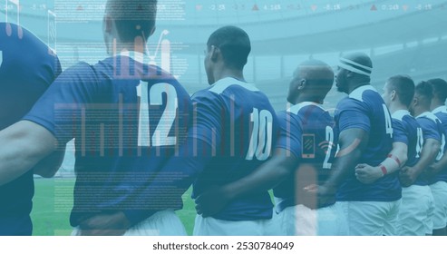 Image of statistics and icons over rugby players. global sports, technology, digital interface and connections concept digitally generated image. - Powered by Shutterstock