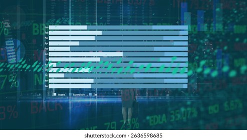 Image of statistics and layers of data processing over caucasian businesswoman holding briefcase. Global business, data processing, connections and networks concept digitally generated image.