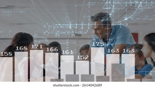 Image of statistics and mathematical equations over caucasian male teacher and school children. education and learning concept digitally generated image.