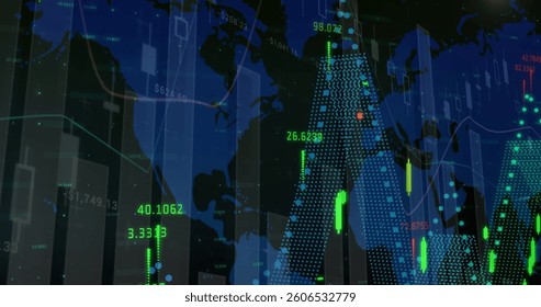 Image of statistics and numbers, financial data processing over world map. global finances, business, digital interface and technology concept digitally generated image.
