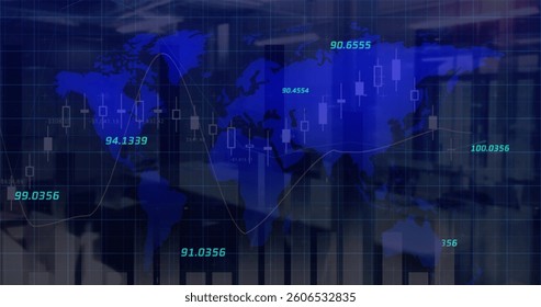 Image of statistics and numbers, financial data processing over world map. global finances, business, digital interface and technology concept digitally generated image.