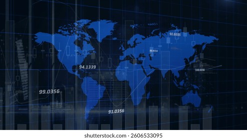 Image of statistics and numbers, financial data processing over world map. global finances, business, digital interface and technology concept digitally generated image.