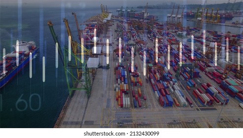 Image of statistics processing with lines over shipping yard in background. global shipping, business and data processing concept digitally generated image.