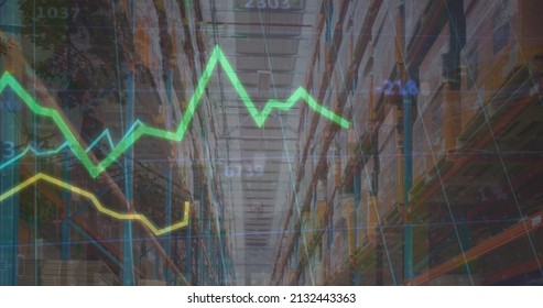 Image of statistics processing with lines over warehouse. global shipping, business and data processing concept digitally generated image.