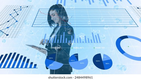 Image of statistics processing with numbers over businesswoman. global business, connections, data processing and technology concept digitally generated image.