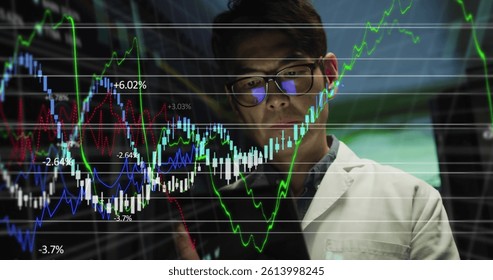 Image of statistics processing over asian male it engineer with tablet by computer server. data processing, cloud computing concept and technology concept digitally generated image.