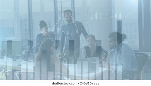 Image of statistics processing over business people discussing in office. global business and data processing concept digitally generated image.